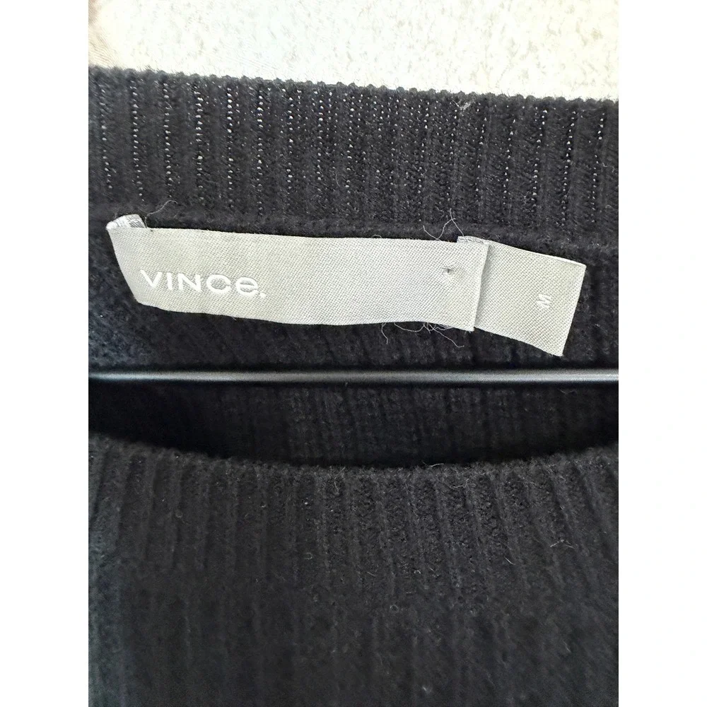 Vince Cashmere Blend Black Ribbed Knit Sweater‎ Tie Slit Back Size M chic cozy